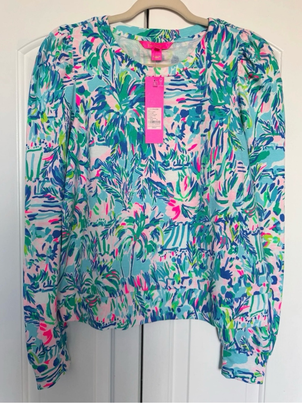 Lilly Pulitzer Jansen Sweatshirt L Blue Ibiza Cabana Cocktail Blouse Top NWT - Picture 2 of 5
